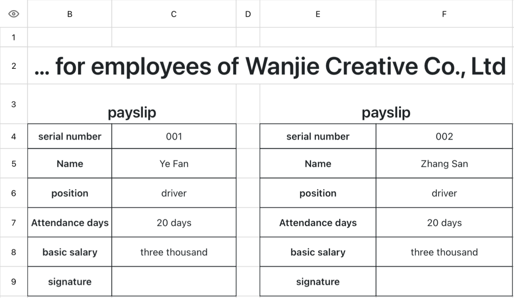 Company employee pay slip